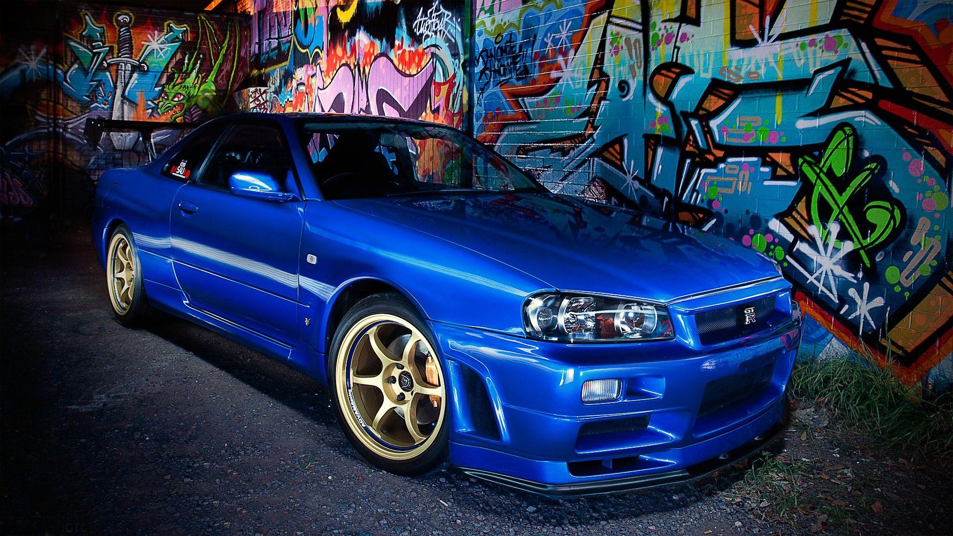 1920x1080 blue, cars, japanese, graffiti, supercars, tuning, Nissan Skyline GTR R34 wallpaper