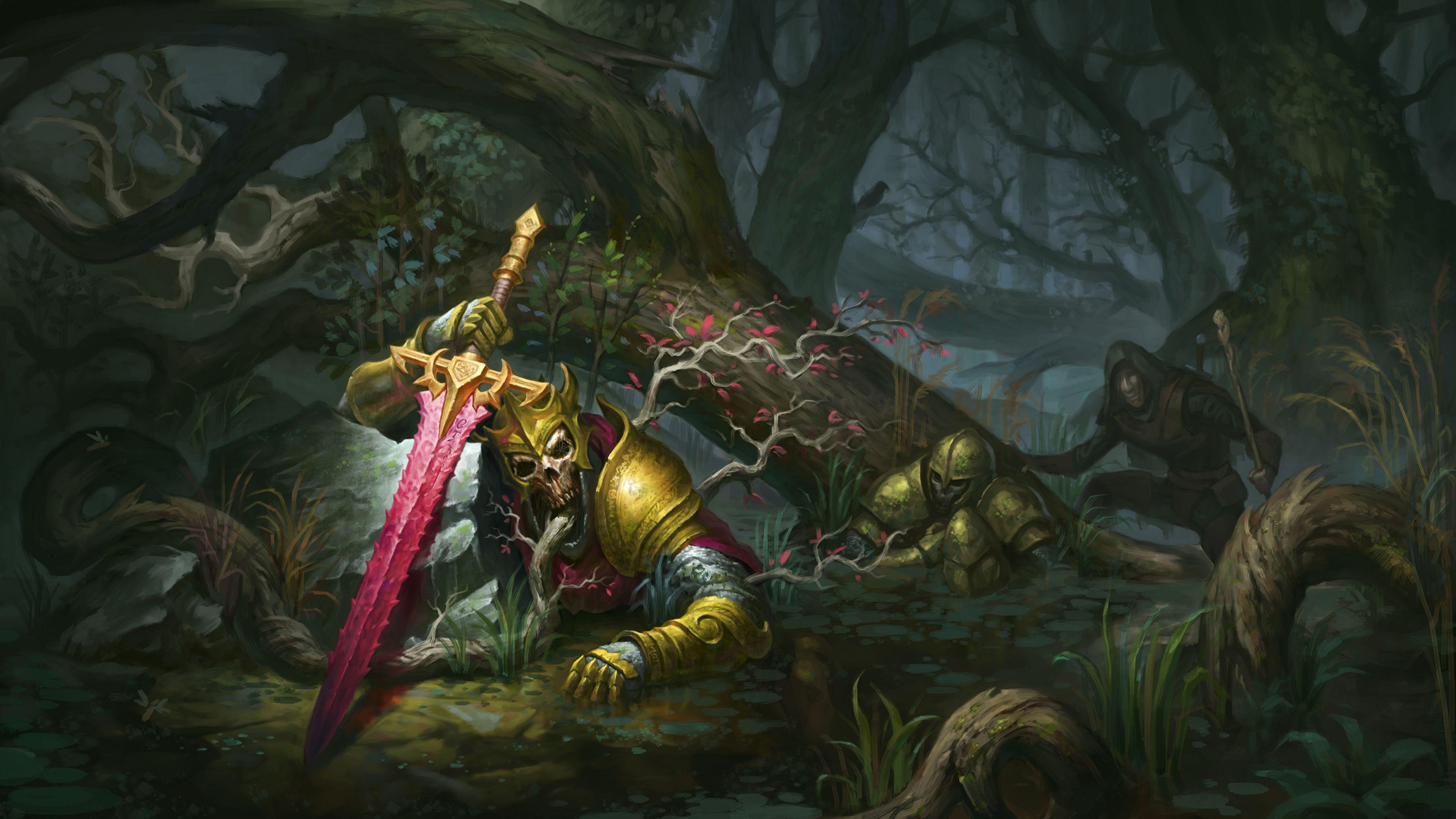 3840x2160 Image Armor Swords Dead King Fantasy Skeleton Forests 3840x2160