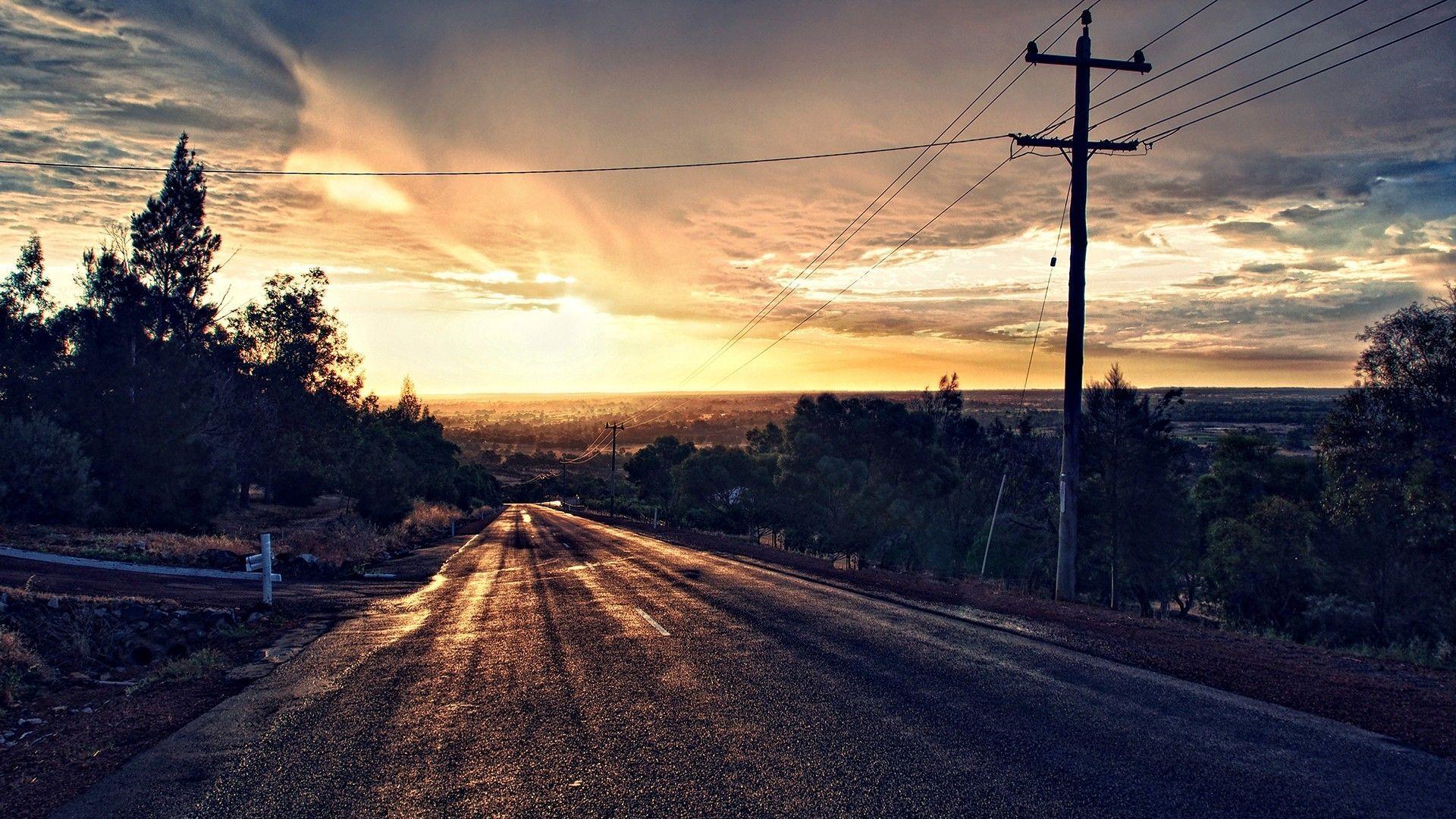 1920x1080 photo manipulation, #road, #sunlight, #clouds, #asphalt, #HDR, #power lines, #trees, #sunset, wallpaper. Sunset wallpaper, Sunset nature, Sunset road