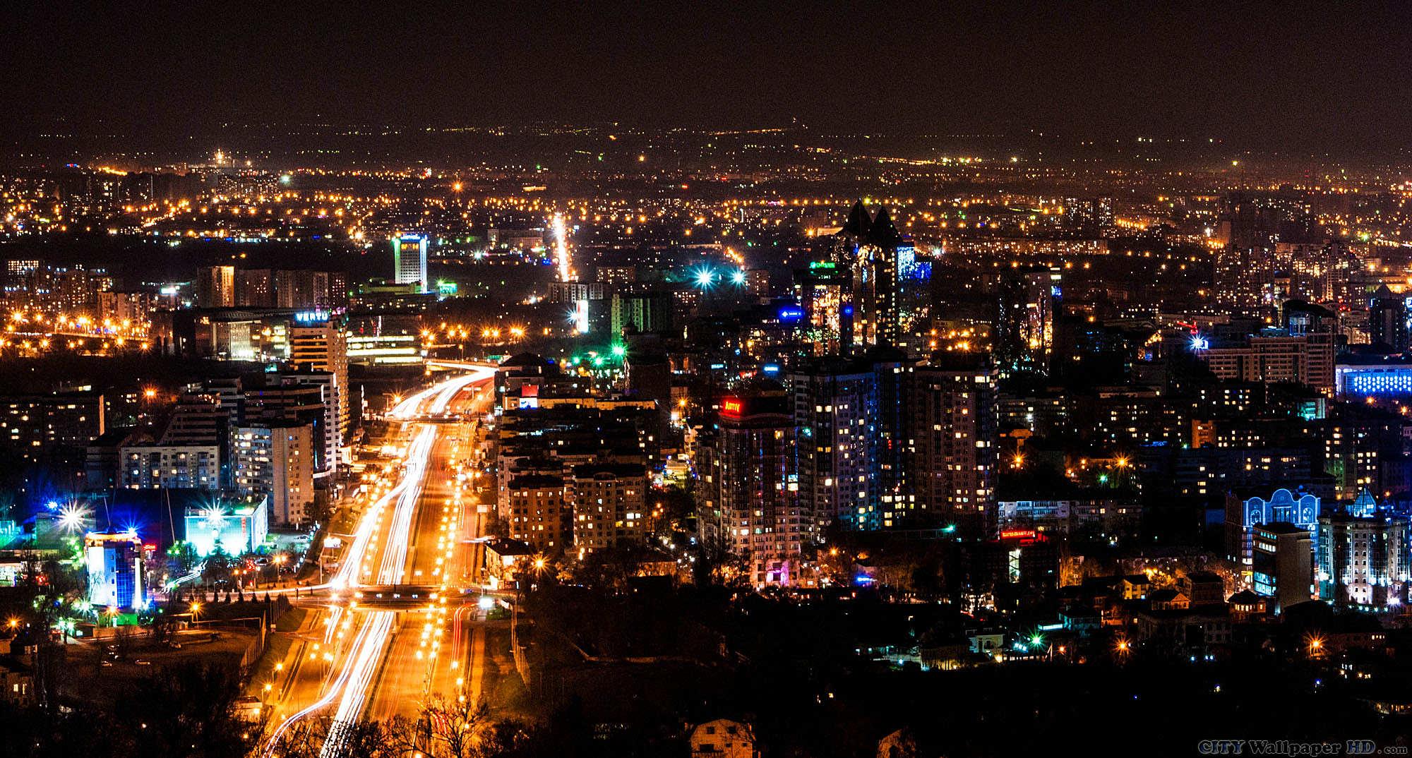 2000x1074 Night Almaty. Watch Free Widescreen Background Cities Around The World. Alma Ata