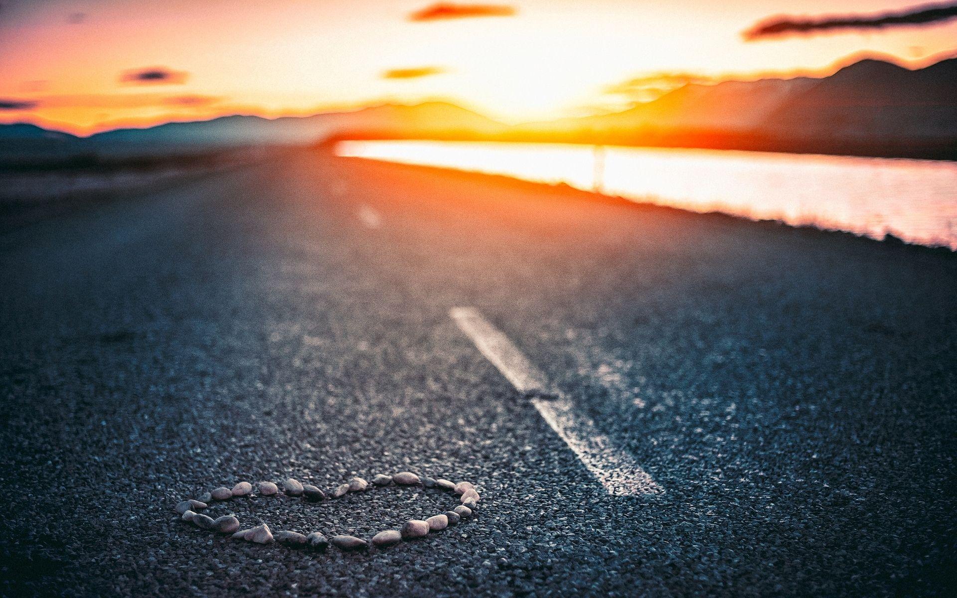 1920x1200 Download wallpaper love concepts, heart of stones, sunset, asphalt road, Valentines Day for desktop with resolution 1920x1200. High Quality HD picture wallpaper
