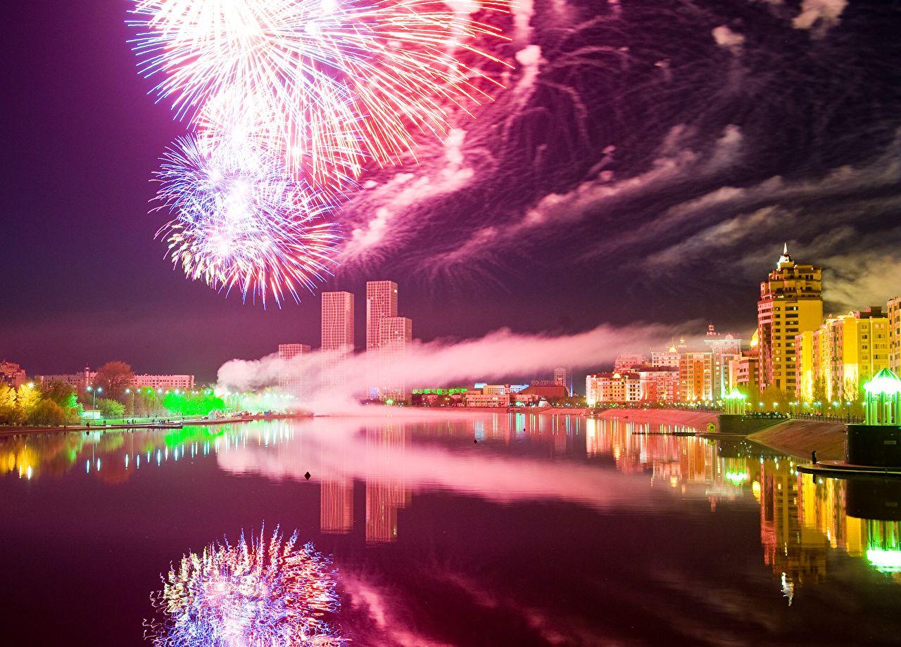 1280x920 image Fireworks Kazakhstan Astana river night time Cities Houses