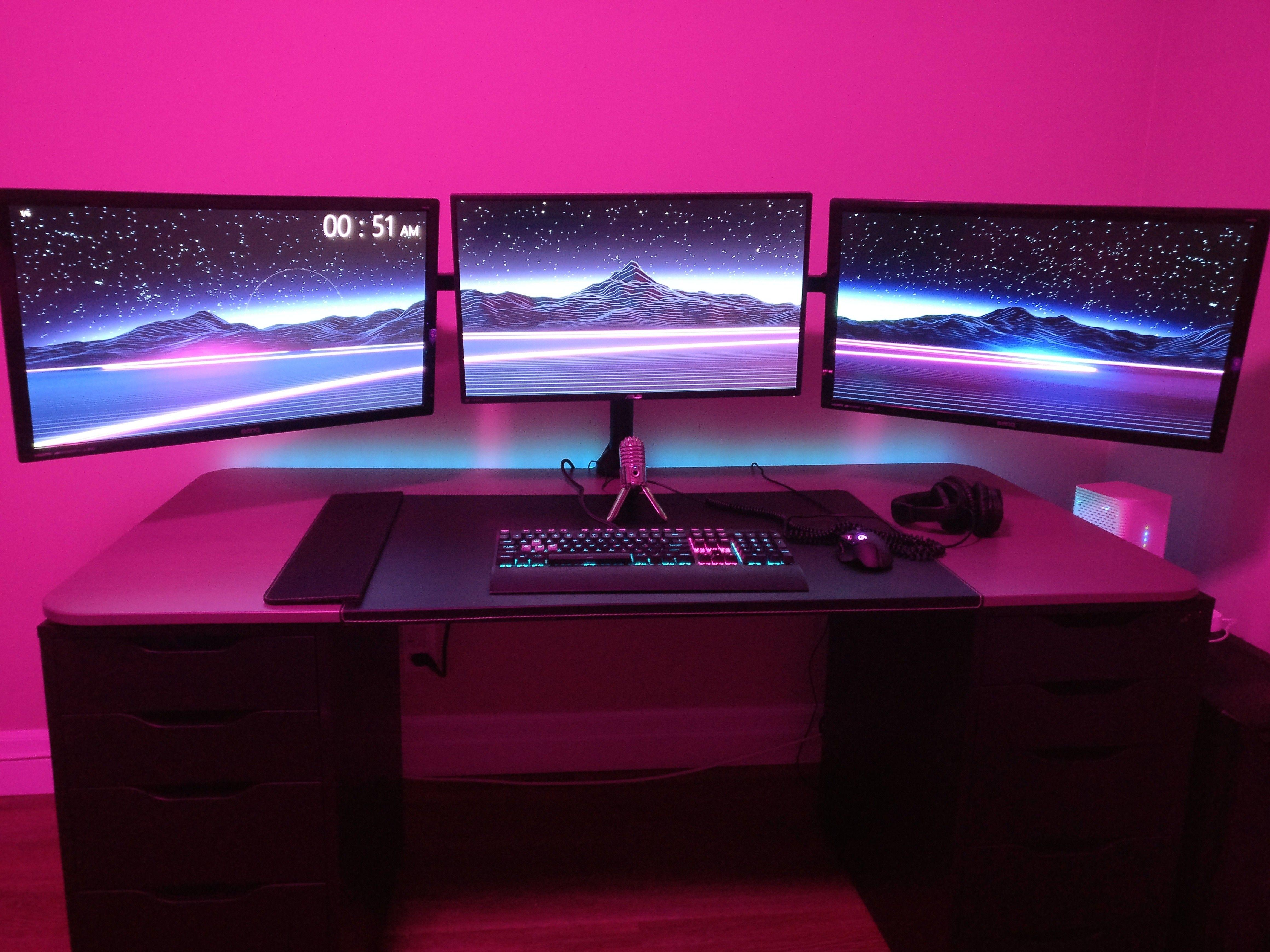 4640x3480 I know the vaporwave aesthetic is a bit overdone but I just built a triple monitor stand and I'm happy. Gaming room setup, Vaporwave aesthetic, Pink home offices