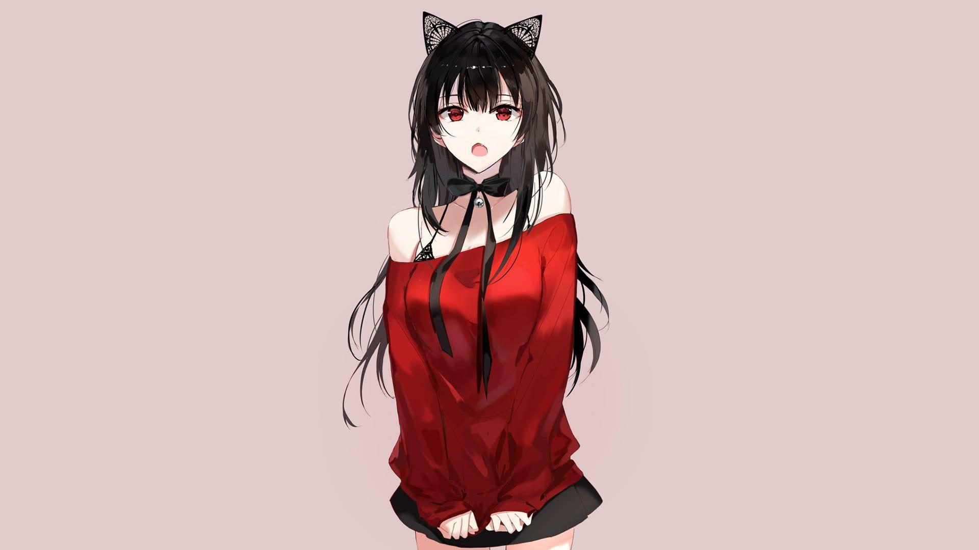 anime little girl with black hair and red eyes