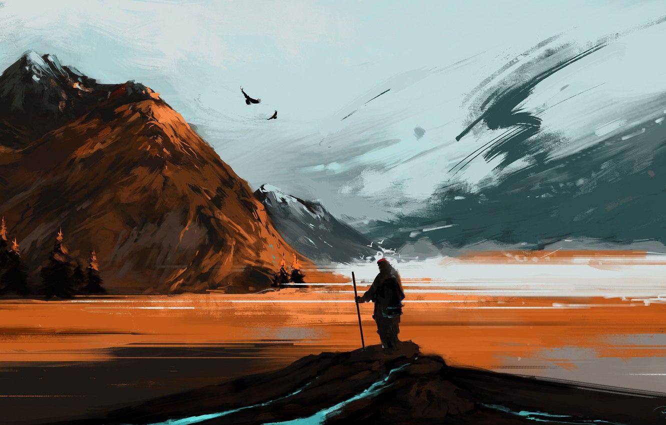 1332x850 Wallpaper river, landscape, nature, art, mountains, snow, birds, man, artist, digital art, artwork, hiking, BisBiswas image for desktop, section арт