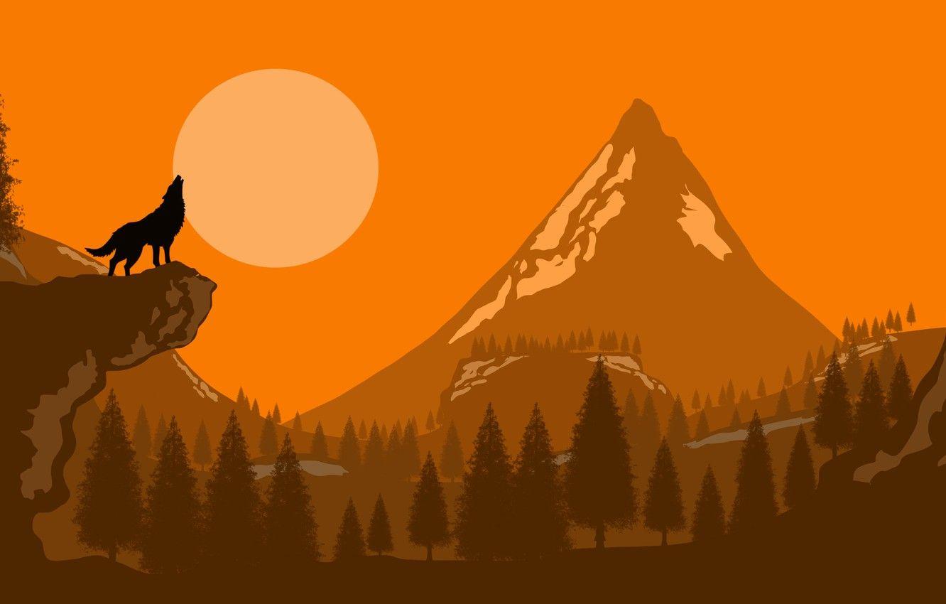 1332x850 Wallpaper moon, forest, trees, art, mountain, rocks, Wolf, digital art, artwork, silhouette, howling image for desktop, section арт