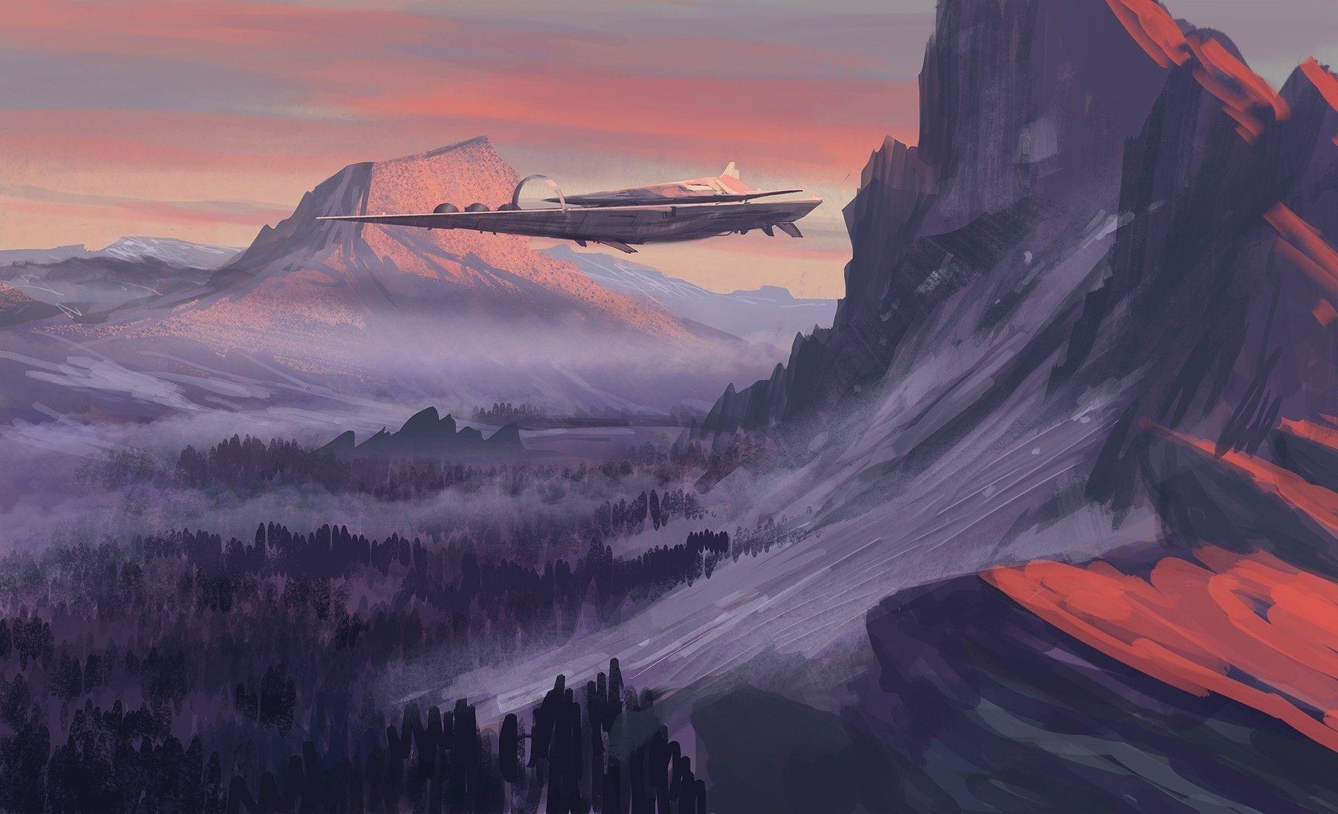 1920x1169 spaceship, Landscape, Sunset, Nature, Futuristic, Artwork, Digital Art, Mountain Wallpaper HD / Desktop and Mobile Background