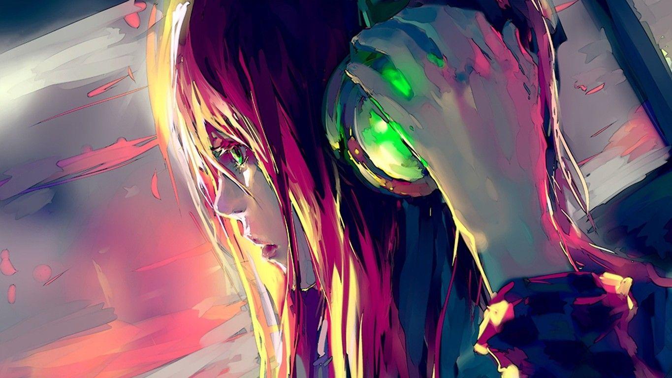 1365x768 Girl with headphones wallpaper