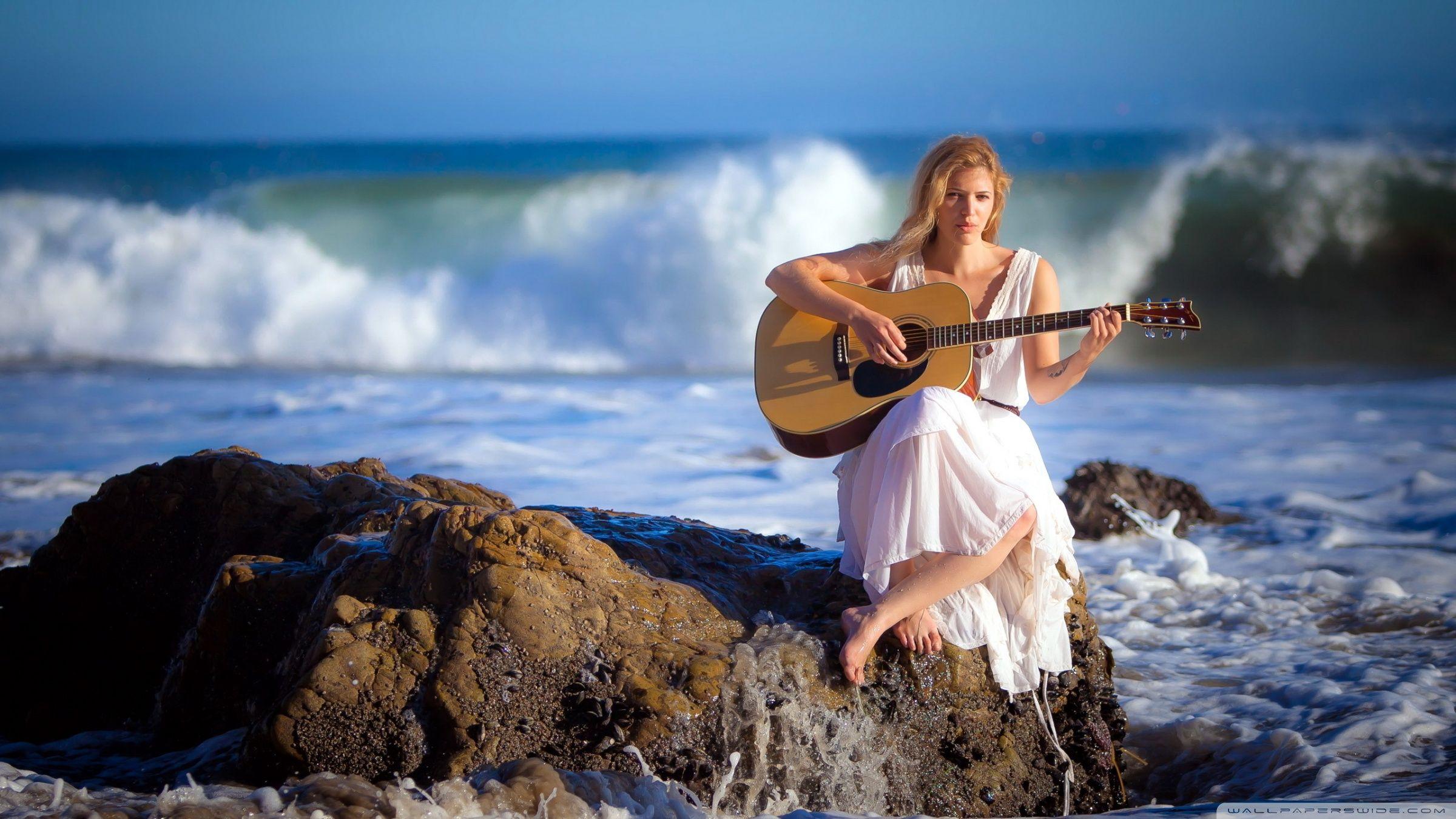 2400x1350 Hdwallpaper87.com Woman playing the guitar at the beach Desktop Wallpaper. Free Woman playing the guitar at the beach Phone Background Image