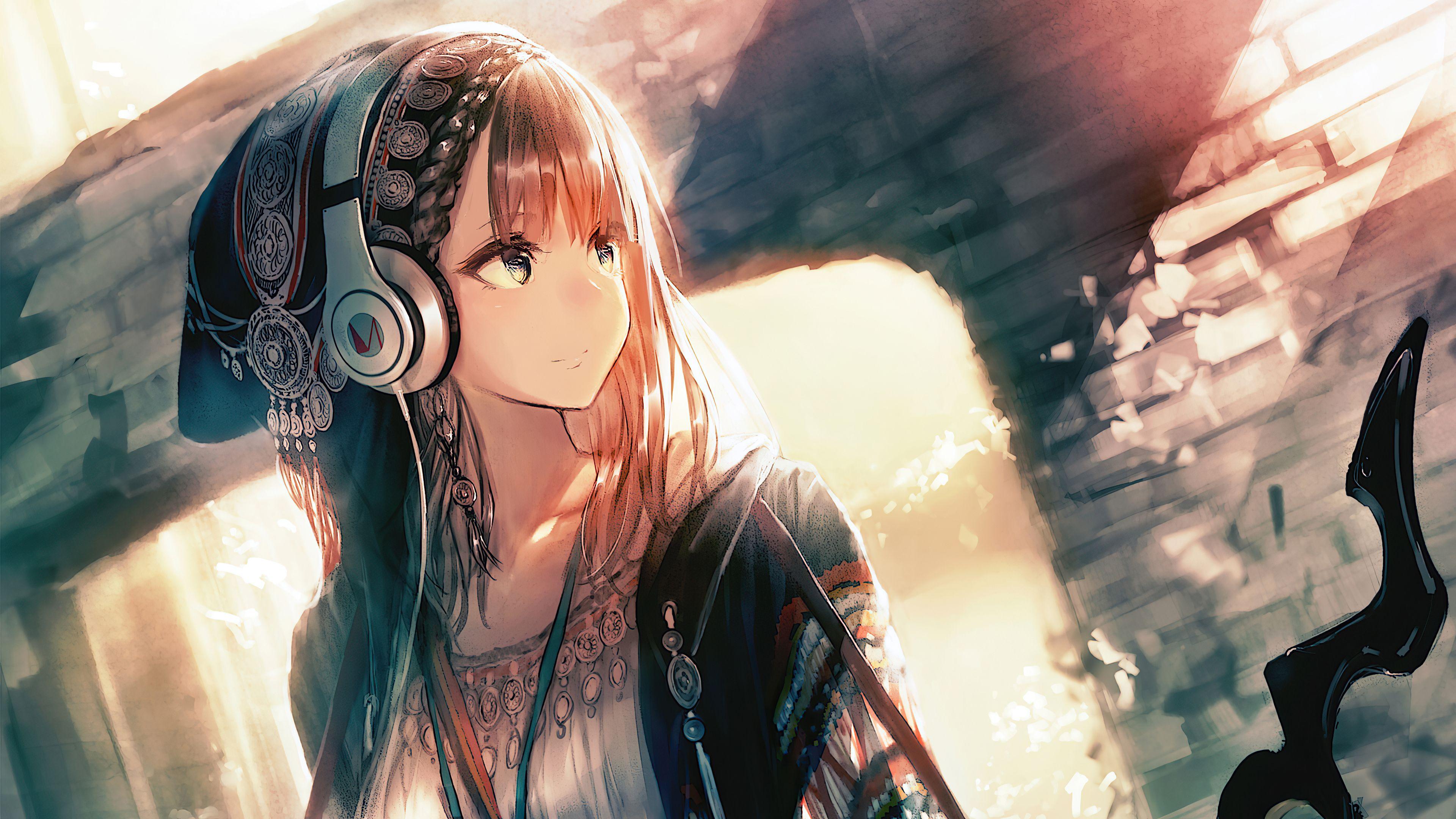 3840x2160 Wallpaper 4k Anime Girl Headphones Looking Away