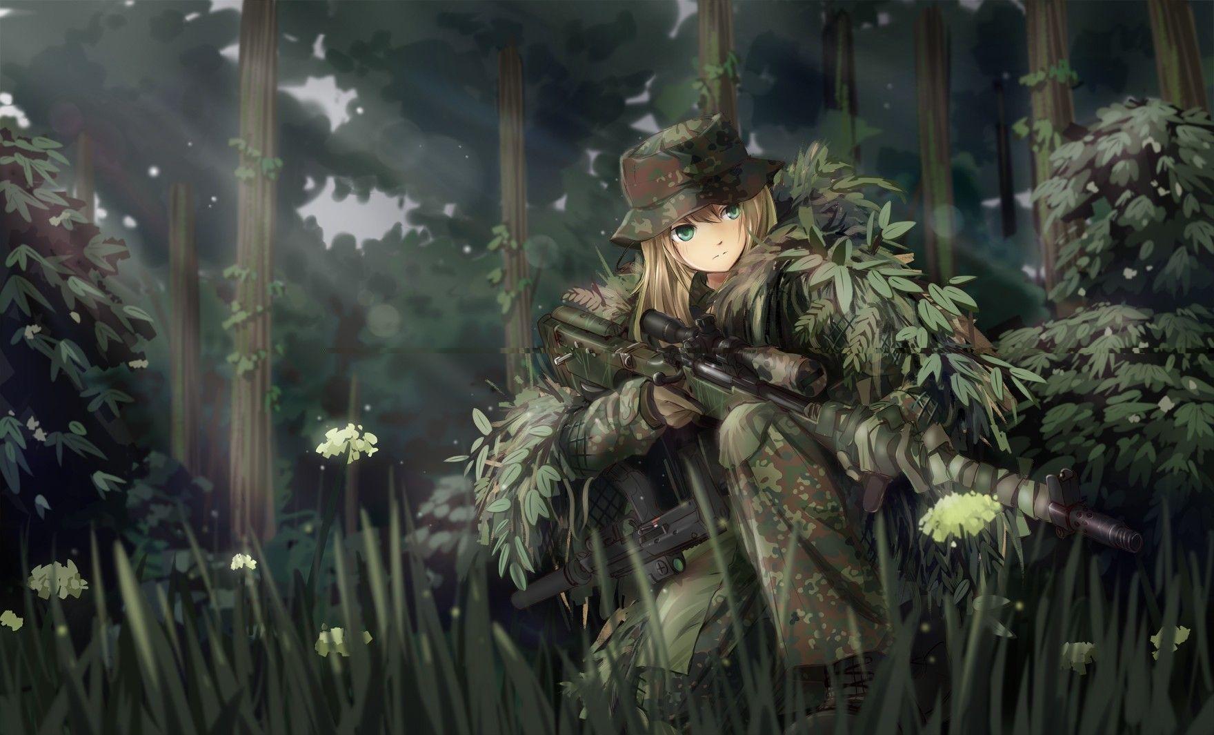 1760x1065 TC1995 Anime Anime Girls Original Characters Military Weapon Camouflage Ghillie Suit Sniper Rifle Gu Wallpaper:1760x1065