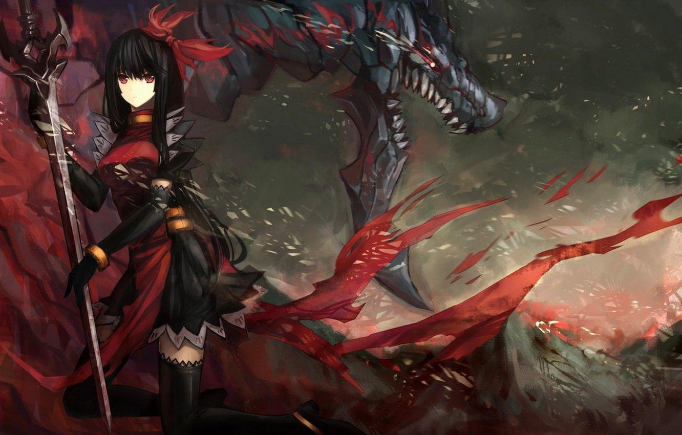 1332x850 Wallpaper girl, dragon, figure, monster, sword, stockings, mouth image for desktop, section прочее