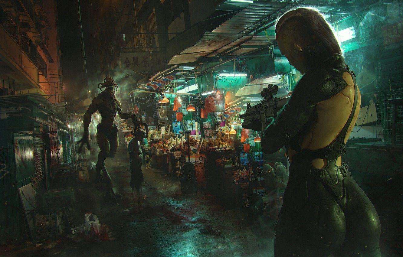 1332x850 Wallpaper Girl, Night, The city, Monster, Girl, City, Weapons, Fantasy, Machine, Monster, Gun, Night, Fiction, Fiction, Weapon, Lane image for desktop, section фантастика