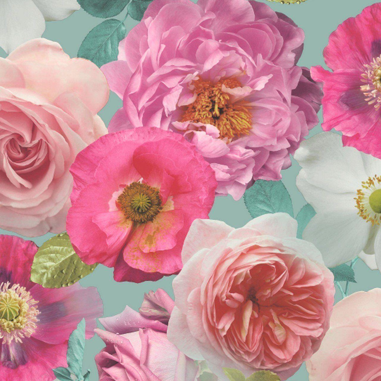1280x1280 Country Garden Pink and Teal Floral Wallpaper