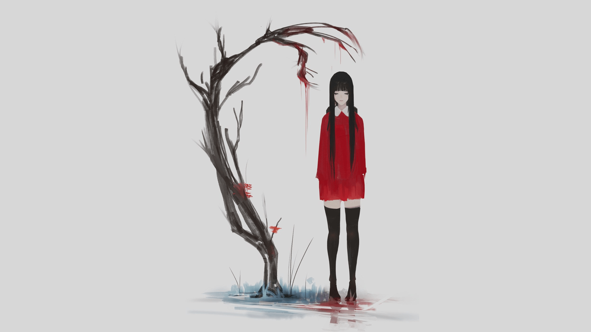 1920x1080 #anime, #red, # grey, #anime girls, #simple background, #trees, #depressing wallpaper. Mocah HD Wallpaper