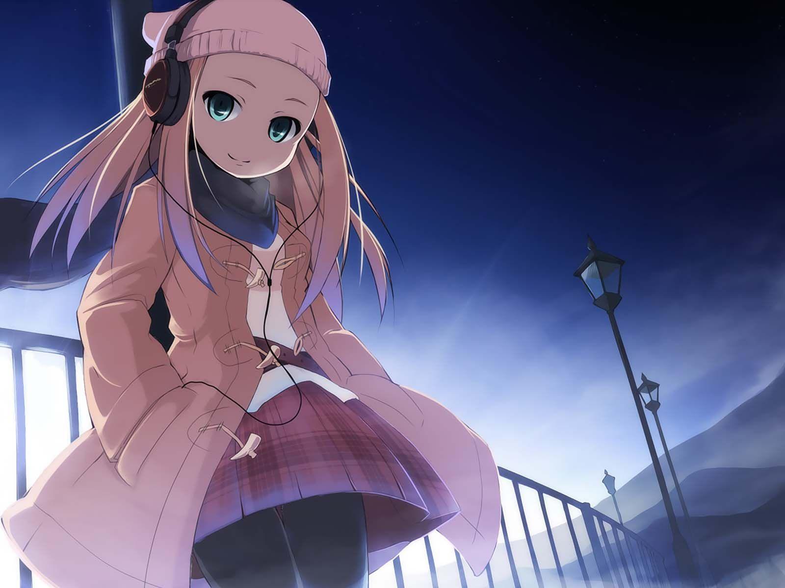 1600x1200 Anime Anime Girls Headphones Original Characters Green Eyes Wallpaper:1600x1200