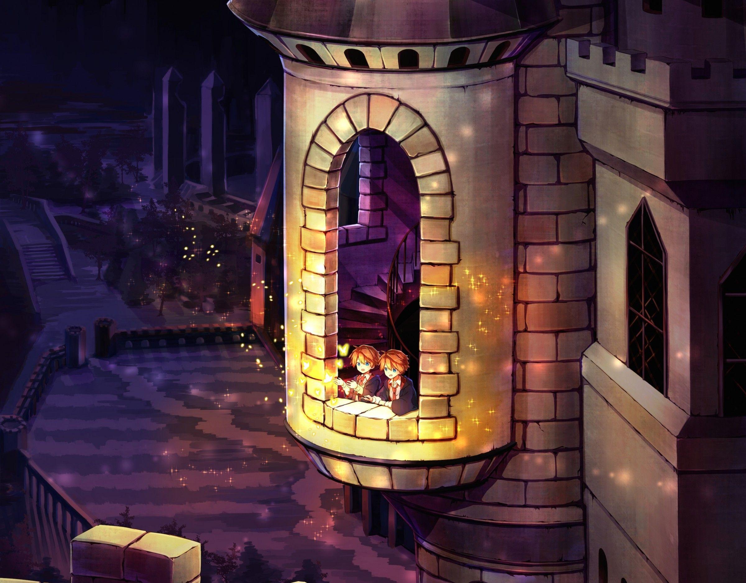 2400x1874 Download 2400x1874 Harry Potter, Anime Style, Castle, Fred Weasley, George Weasley Wallpaper