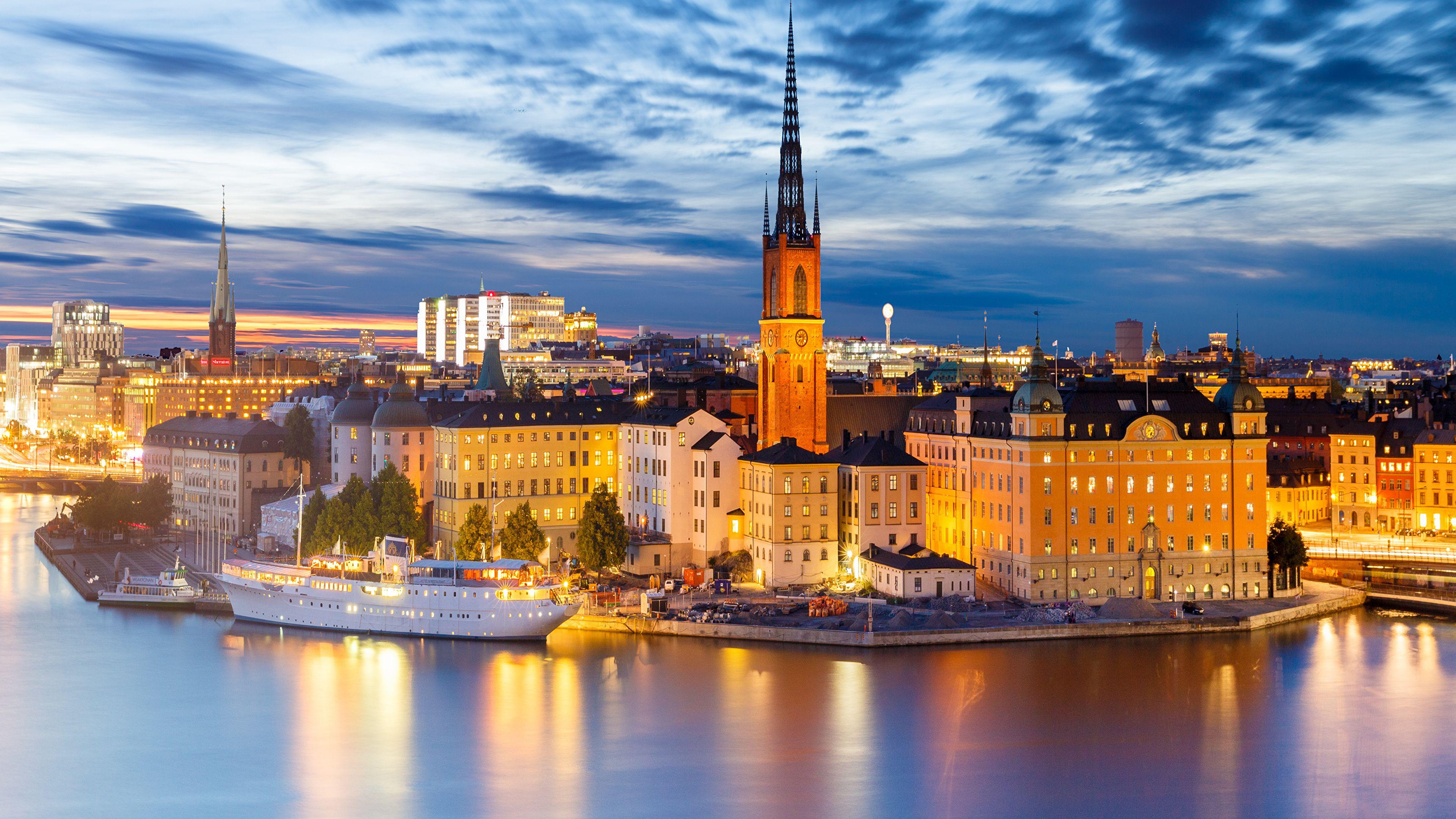 3840x2160 Wallpaper Stockholm Sweden Tower Coast Evening Cities 3840x2160