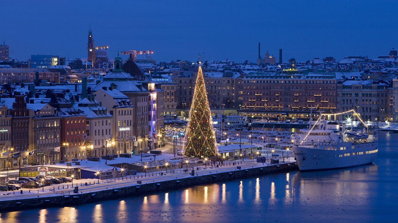 1366x768 image Stockholm Sweden Christmas Winter Christmas tree 1366x768