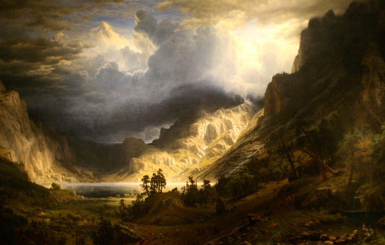 1332x850 Wallpaper landscape, picture, Albert Bierstadt, Storm in the Rocky Mountains image for desktop, section живопись