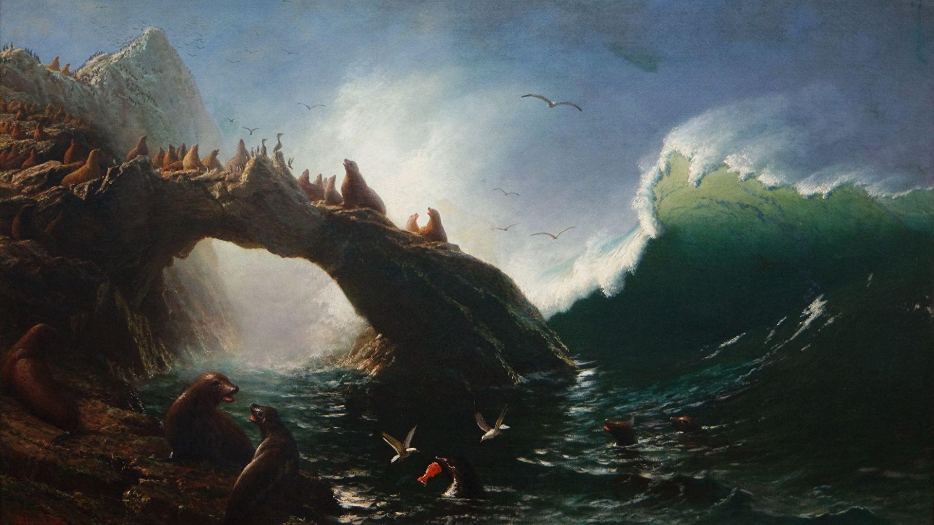 1920x1080 Wallpaper Seals Albert Bierstadt, Farallon Island Waves 1920x1080