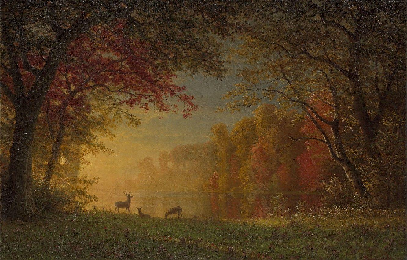 1332x850 Wallpaper forest, landscape, nature, art, deer, Albert Bierstadt, Albert Bierstadt, Indian Sunset by a Lake image for desktop, section живопись