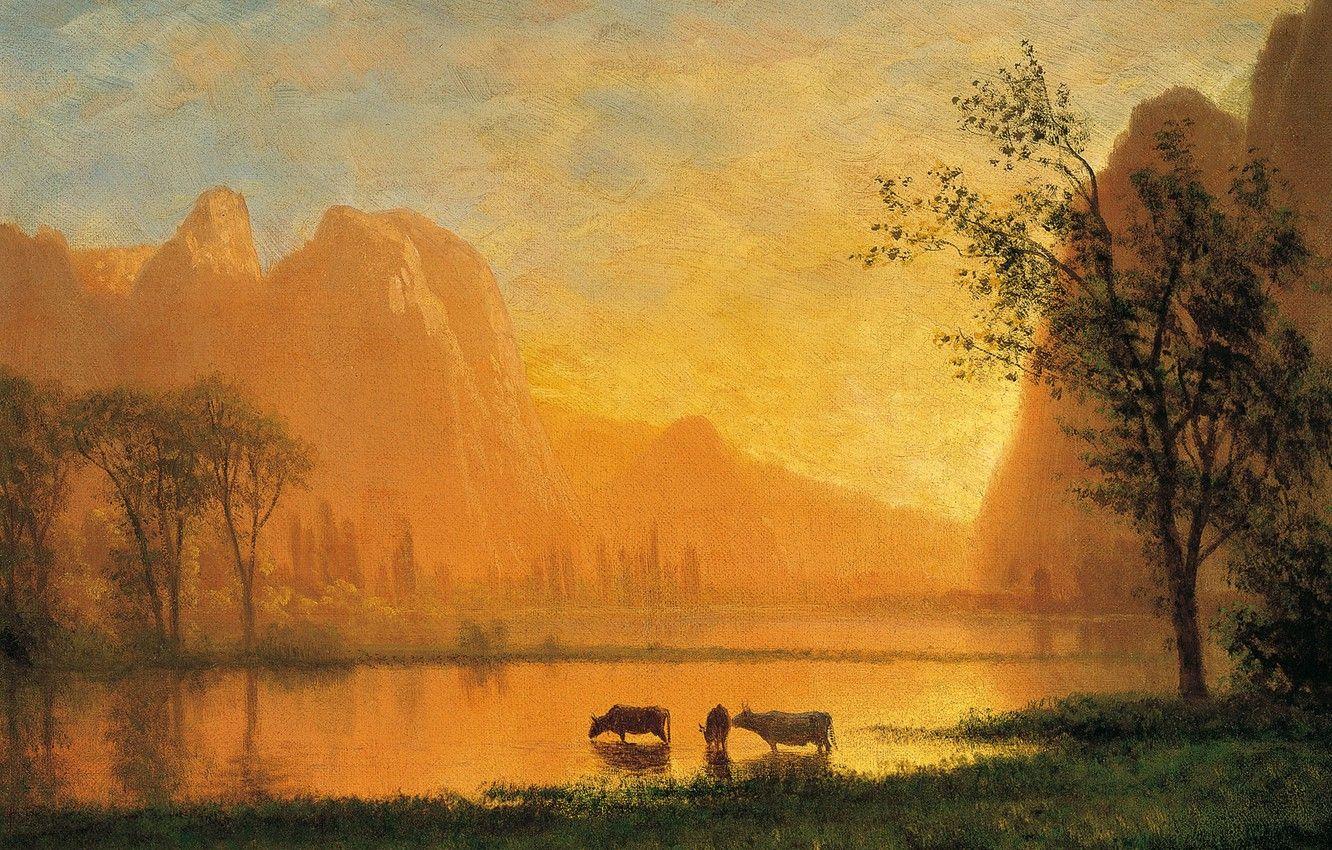 1332x850 Wallpaper landscape, mountains, lake, picture, Sunset in Yosemite, Albert Bierstadt image for desktop, section живопись