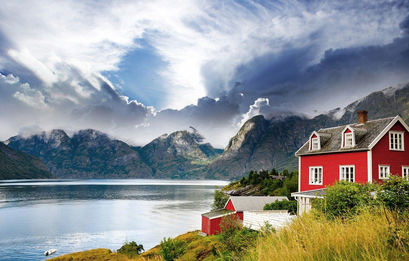 1332x850 Wallpaper landscape, mountains, lake, house, Norway, Norway, the fjord image for desktop, section пейзажи