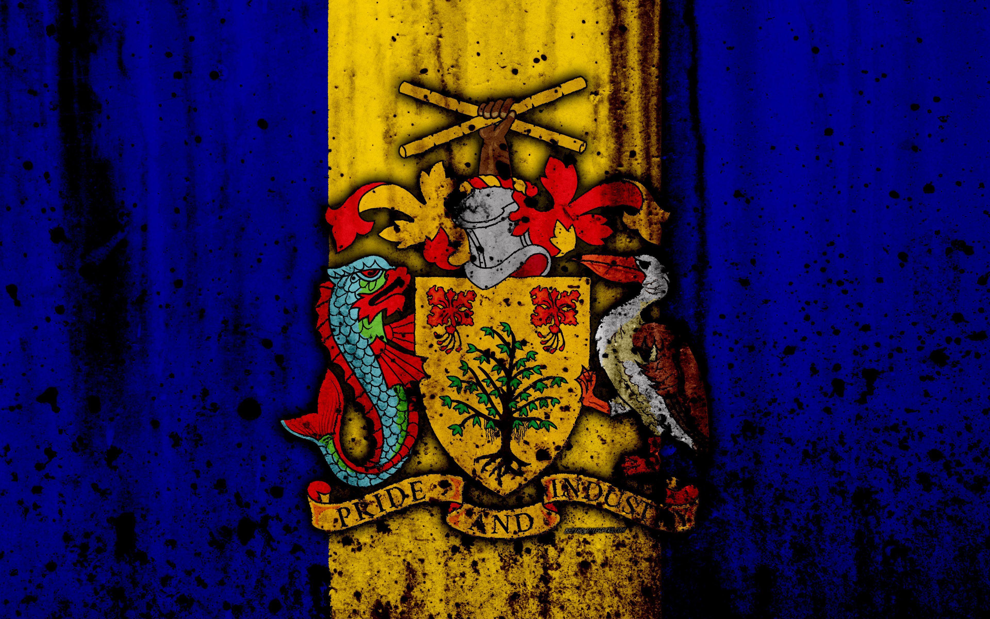 3840x2400 Download wallpaper Barbados flag, 4k, grunge, flag of Barbados, North America, Barbados, national symbols, coat of arms of Barbados, Barbados coat of arms, Barbados national emblem for desktop with resolution 3840x2400. High