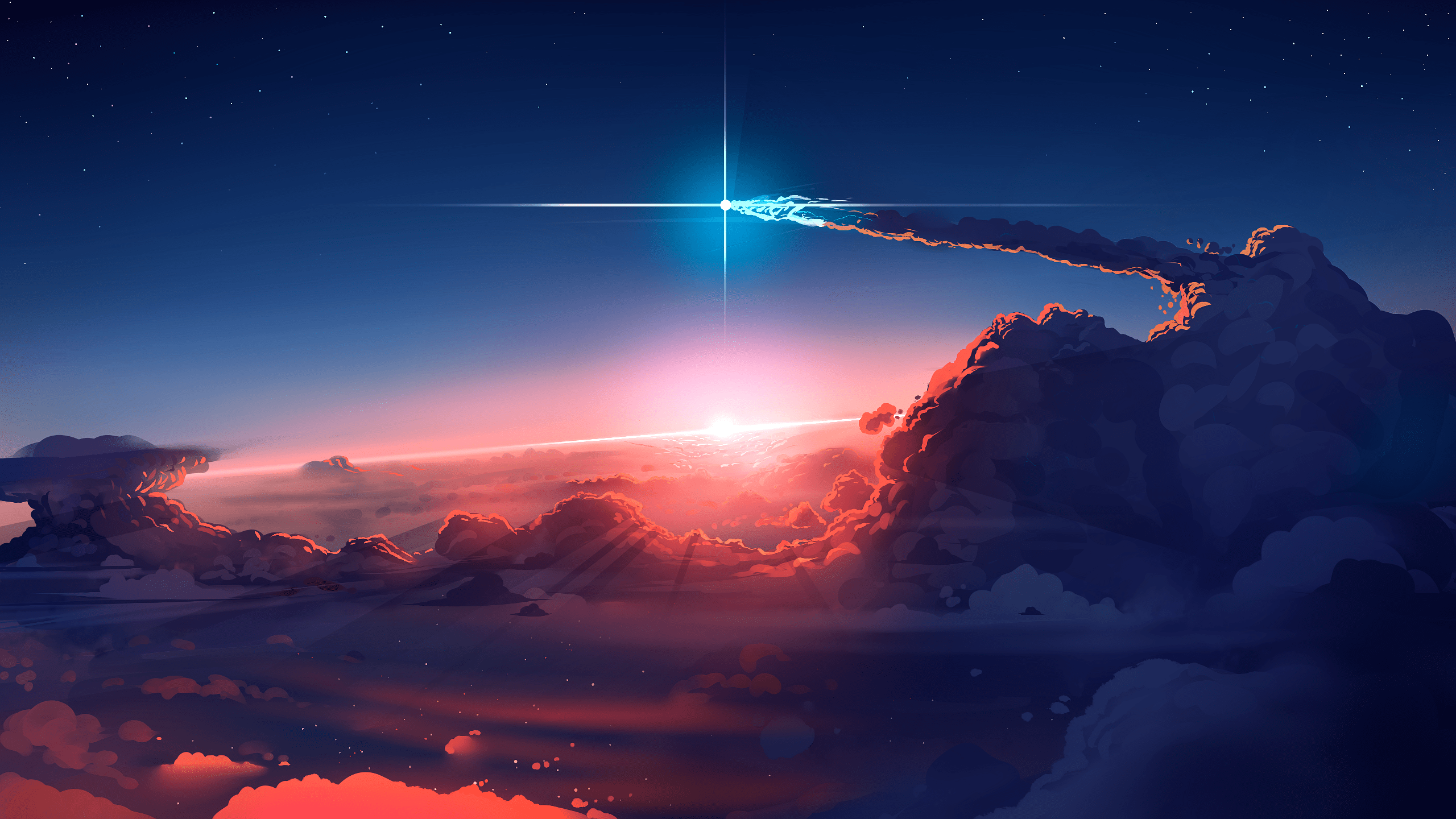 2560x1440 digital art, clouds, Sun, sunlight, stars, skyx1440 Wallpaper
