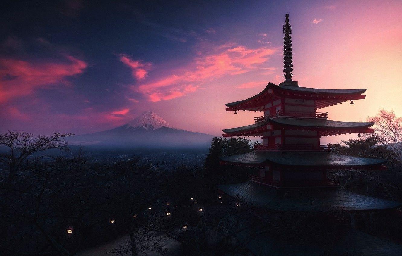 1332x850 Wallpaper light, lamp, the evening, morning, Japan, pagoda, mount Fuji image for desktop, section пейзажи