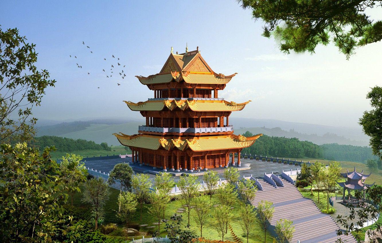 1332x850 Wallpaper trees, castle, Japan, steps, pagoda image for desktop, section рендеринг