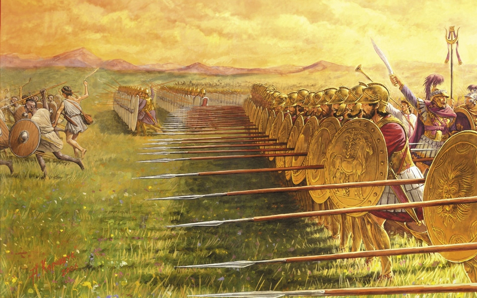 1920x1200 Painting of army holding spear and shield, war, artwork, Greek HD wallpaper
