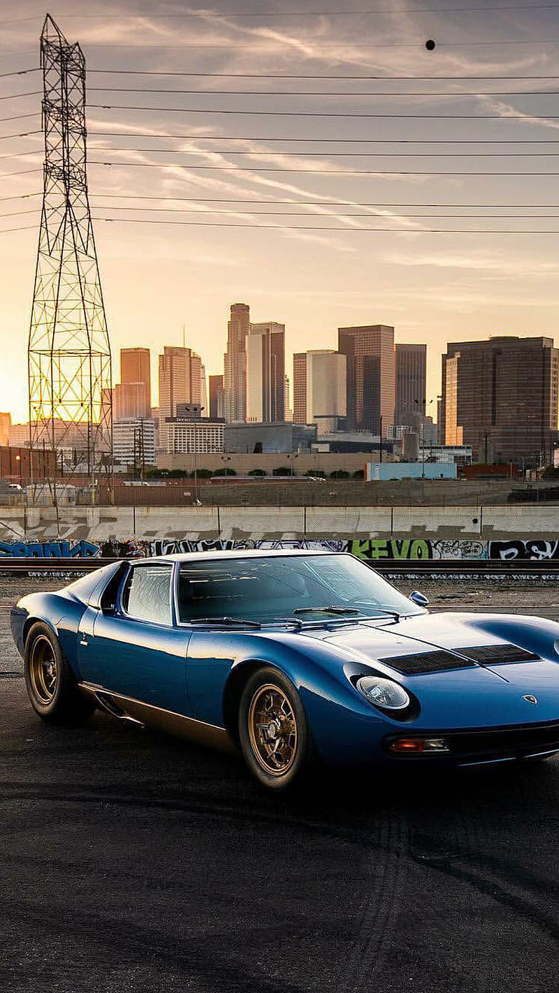 800x1422 Lamborghini Muira, blue, car, supercar sports, america, classic, sunset, HD phone wallpaper