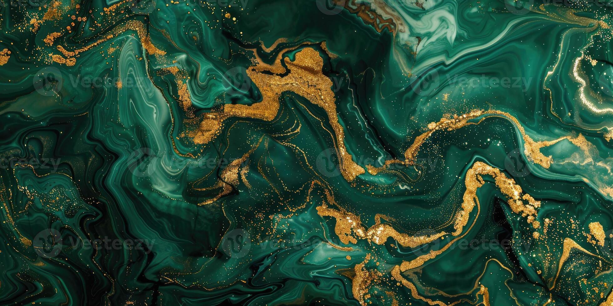 1960x980 Green marble and gold abstract background texture. Dark green malachite with swirls of gold powder in a luxurious style