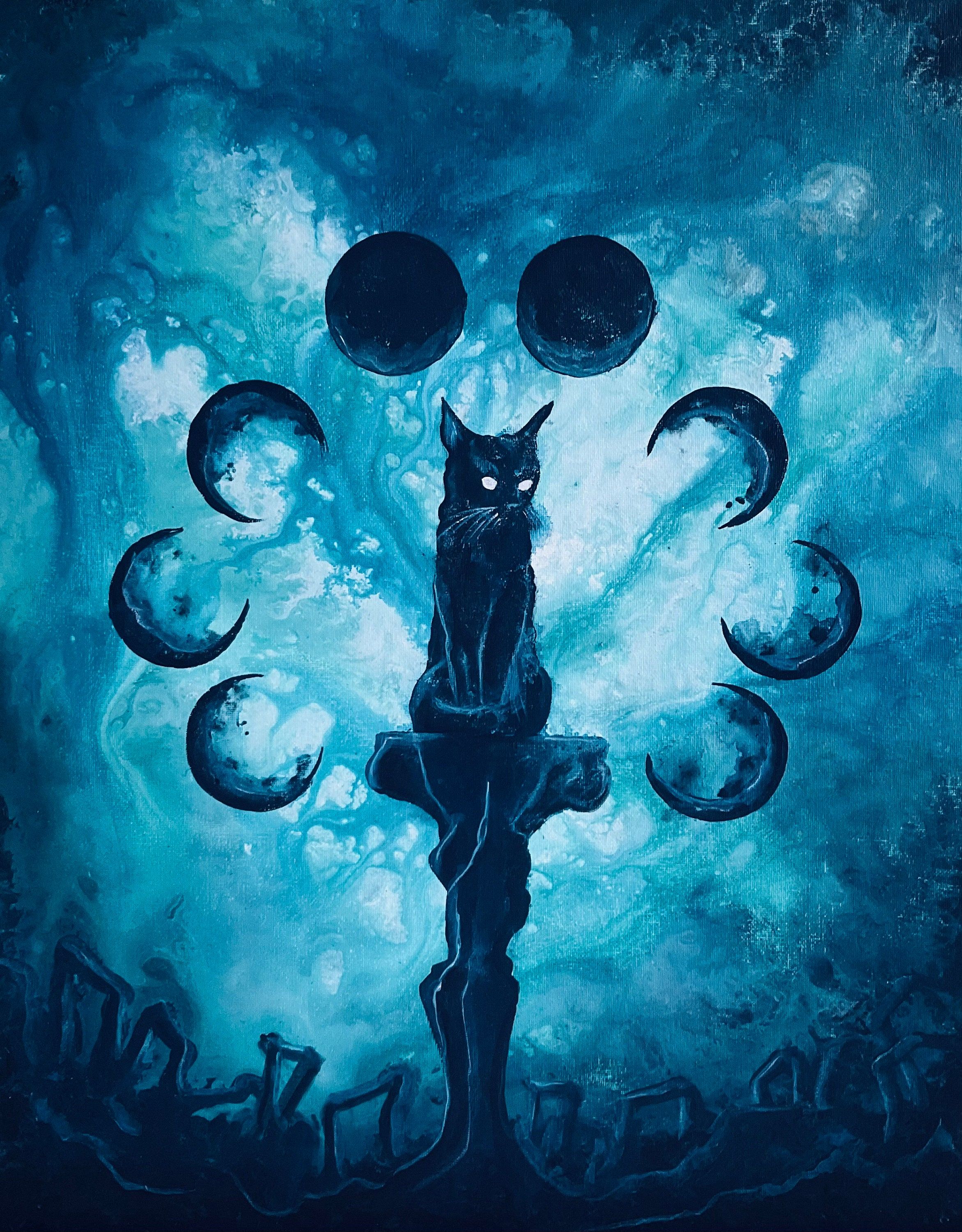 2343x3000 Moonwatcher Cat Wall Art Print Feline on Pedestal Surrounded