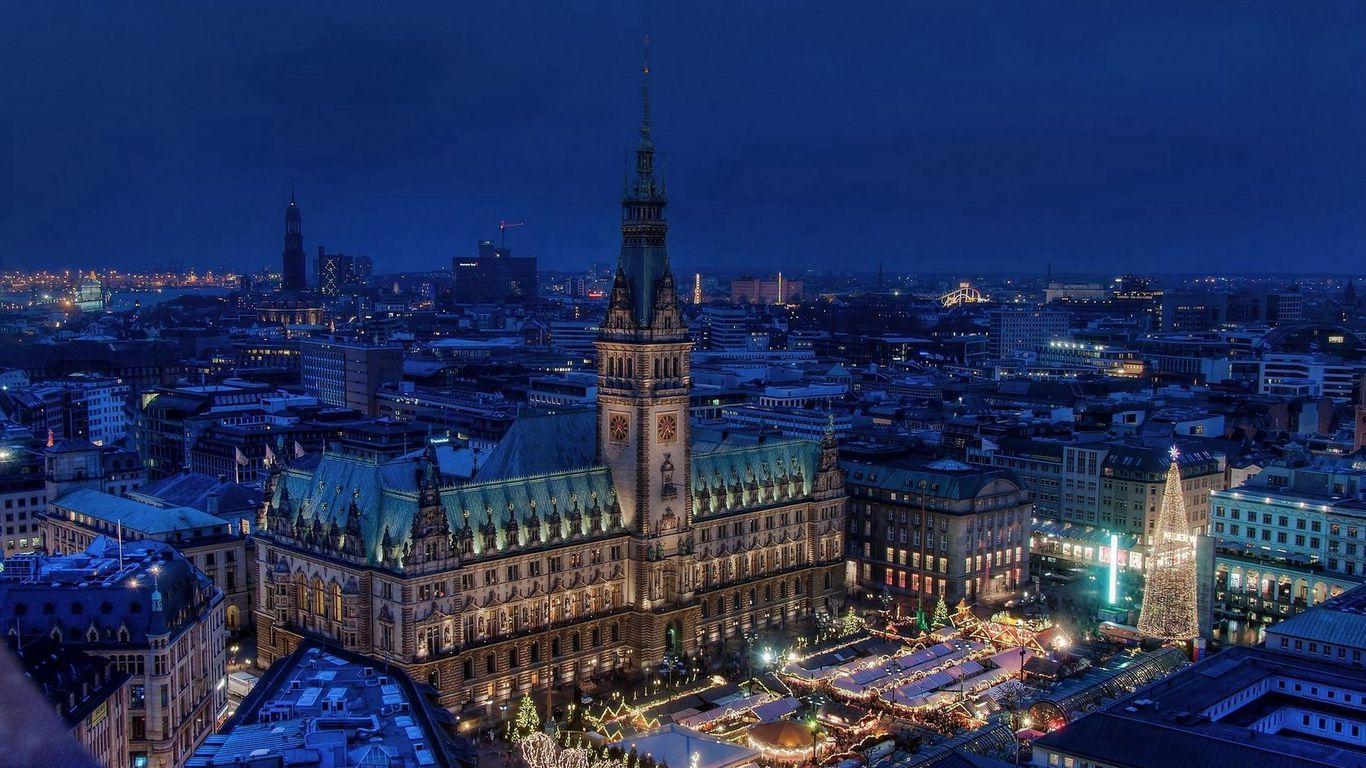 1366x768 Download wallpaper 1366x768 hamburg, germany, town hall, night city, area, building tablet, laptop HD background