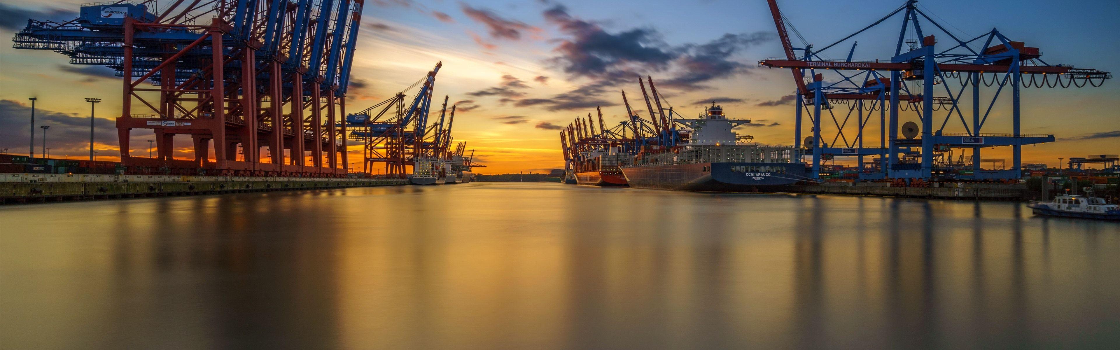 3840x1200 Hamburg, Germany, Port, Sea, Sunset 1125x2436 IPhone 11 Pro XS X Wallpaper, Background, Picture, Image