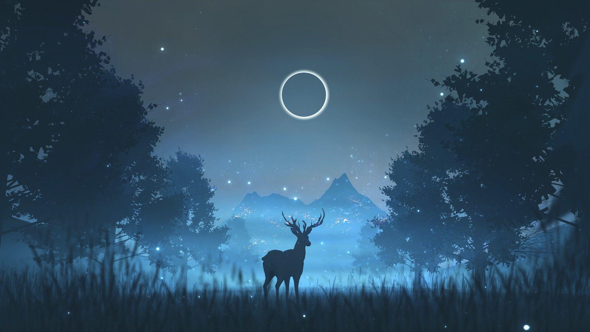 1920x1080 Deer Under The Moonlight (SOURCE WALLHAVEN) [1920 X 1080]