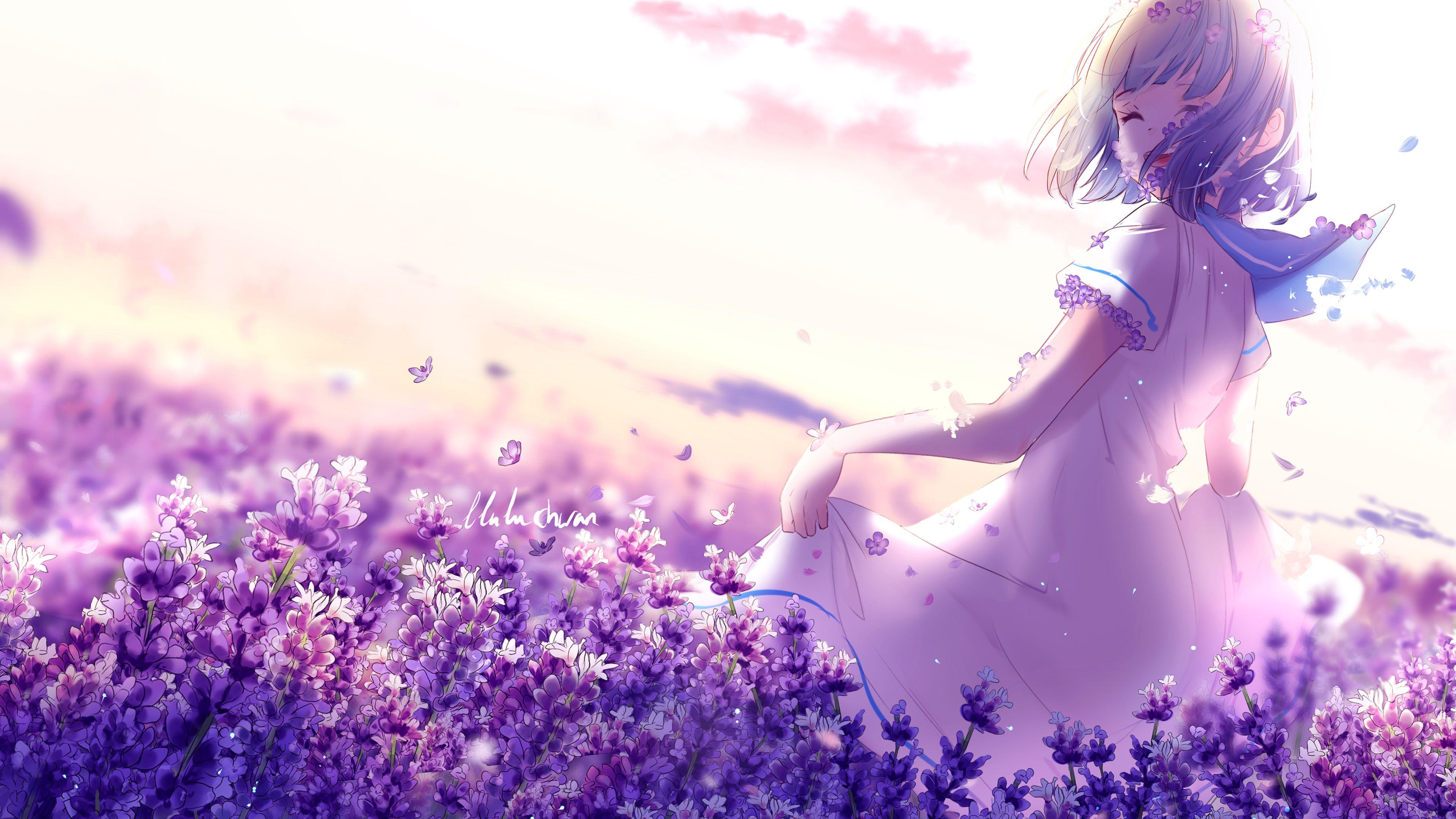 3840x2160 Anime Girl Lavender Purple Flowers 4K Wallpaper Download Resolution 4K Wallpaper