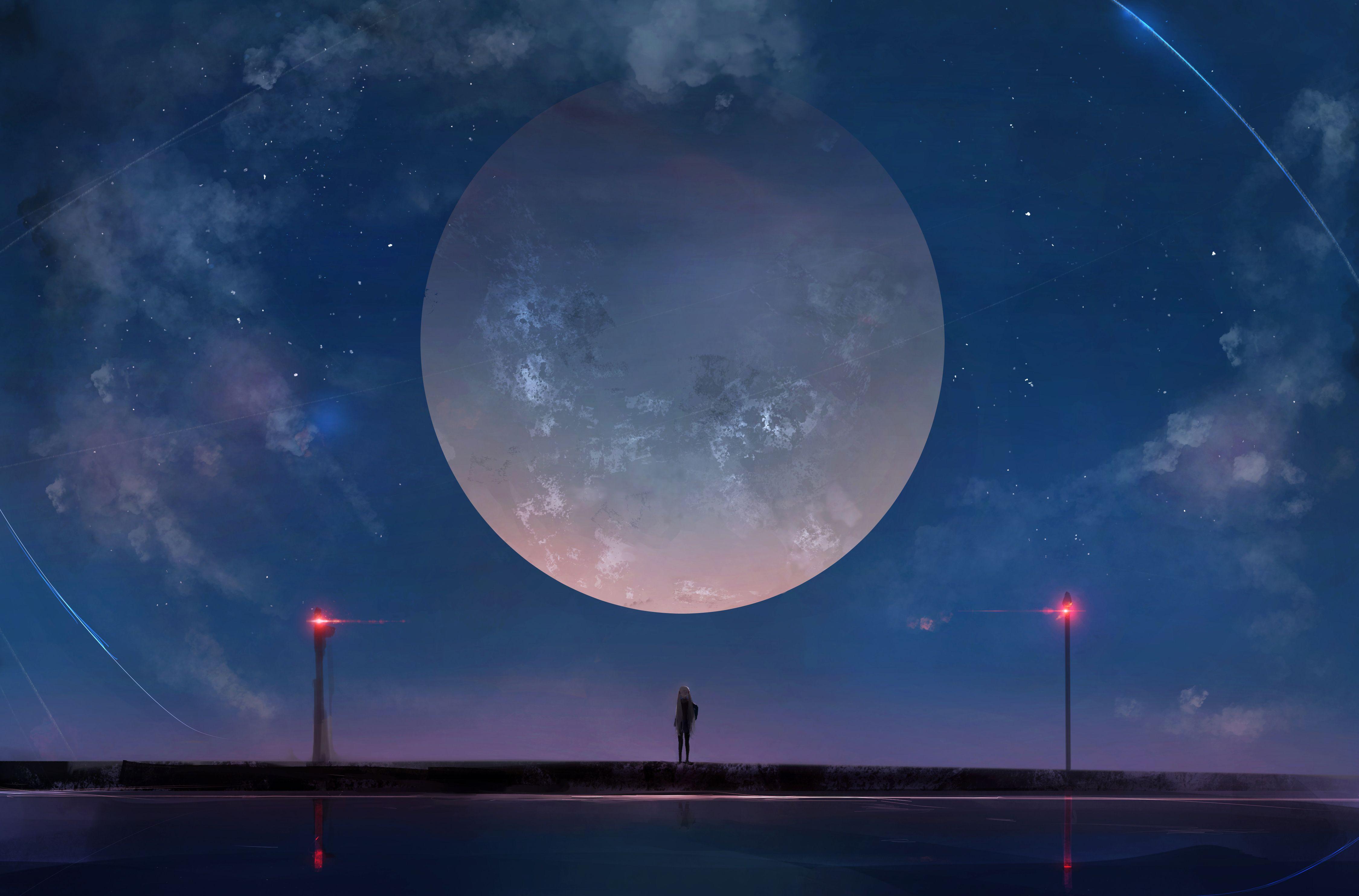 4500x2967 Huge Moon Anime Girl Night Sky Stars wallpaperx2967