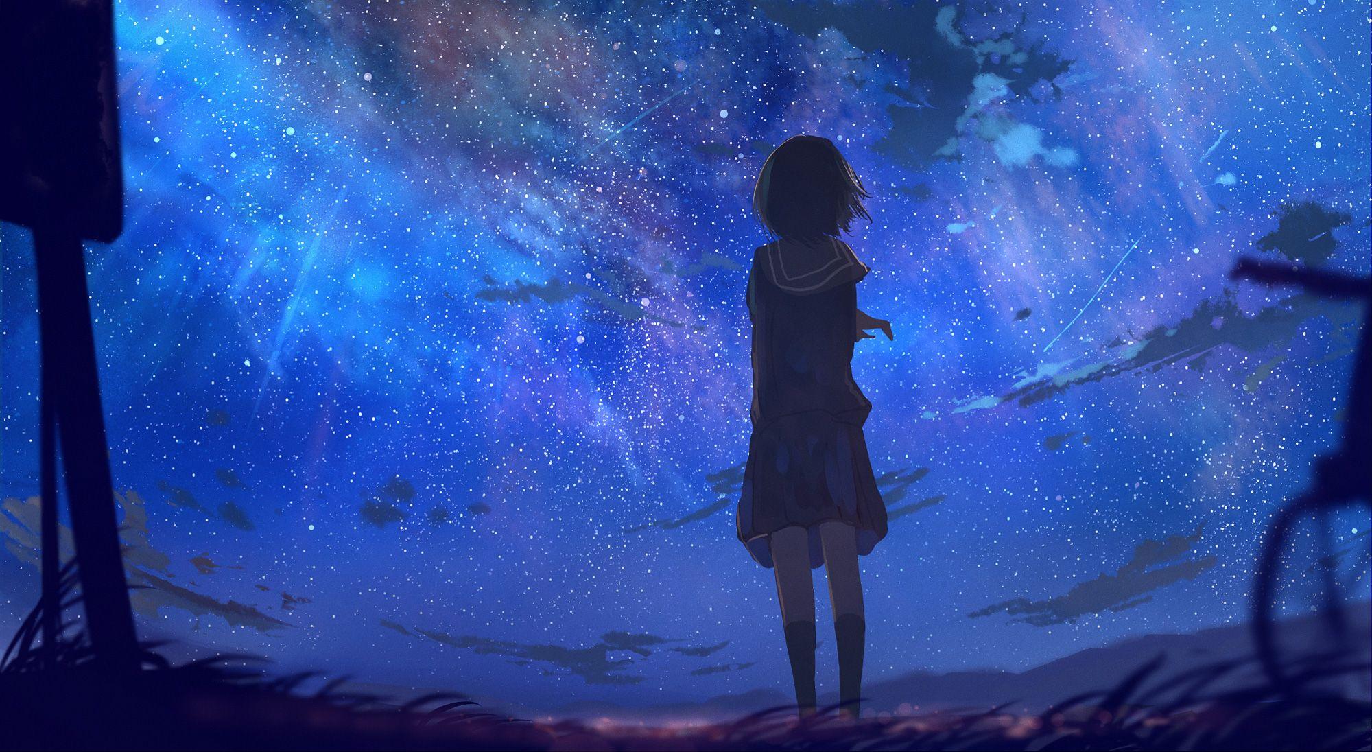 2000x1096 Anime Girl Night Sky