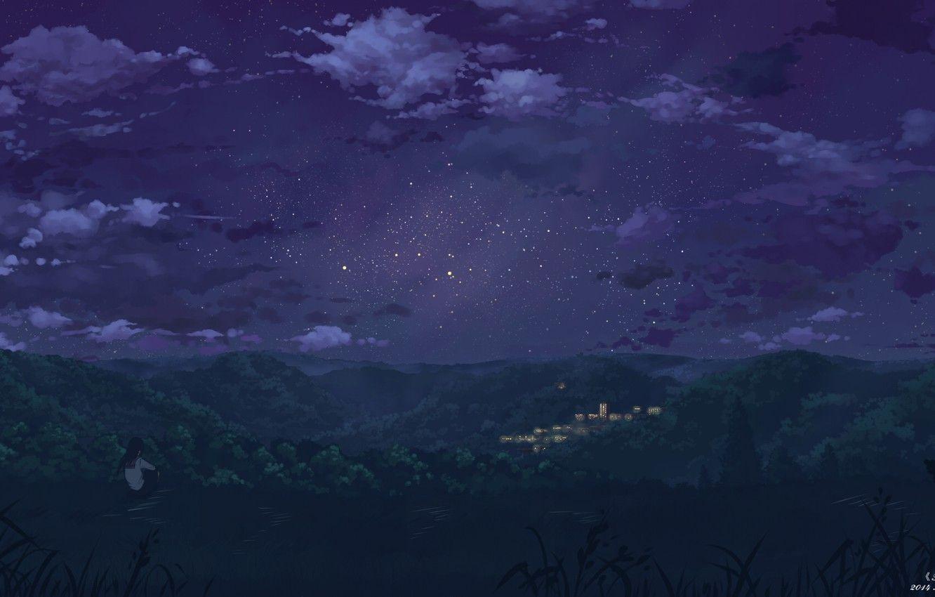 1332x850 Wallpaper The Sky, Girl, Stars, Clouds, Trees, Night, Nature, The City, Lights, Home, Anime, Art, Form, Schoolgirl, Yuuko San Image For Desktop, Section арт