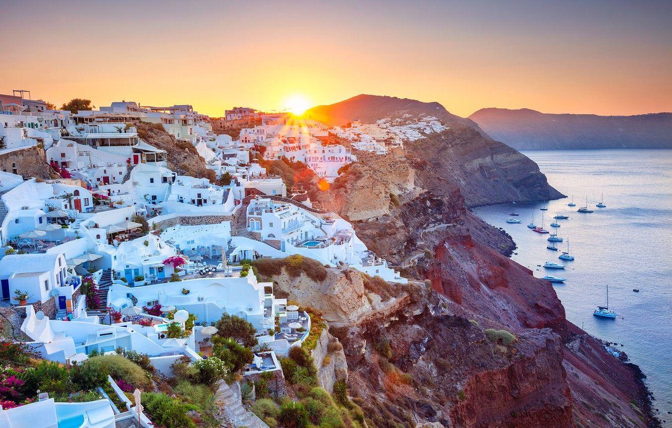 1332x850 Wallpaper sea, sunrise, dawn, coast, building, home, yachts, morning, Santorini, Greece, Santorini, Oia, Greece, The Aegean sea, Aegean Sea image for desktop, section город
