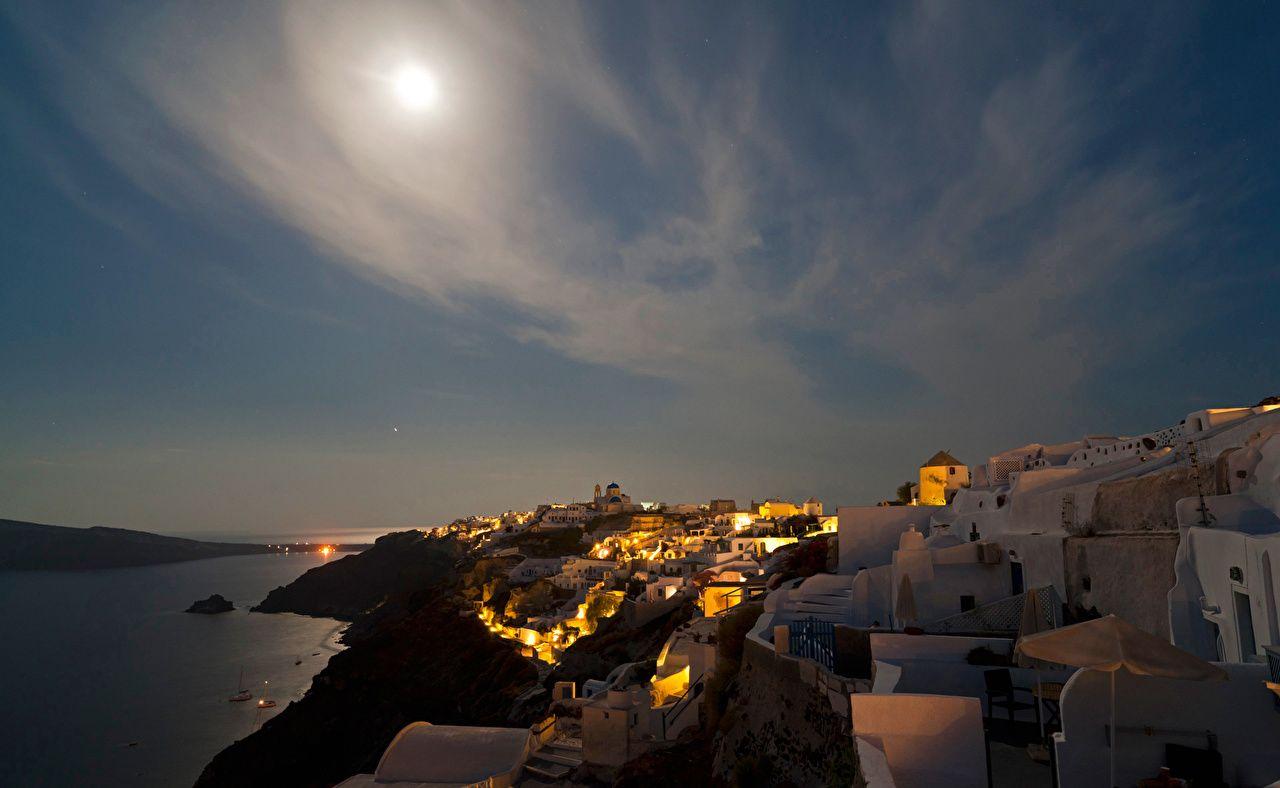 1280x788 Photos Santorini Greece Sky Moon Night Street lights Cities Houses
