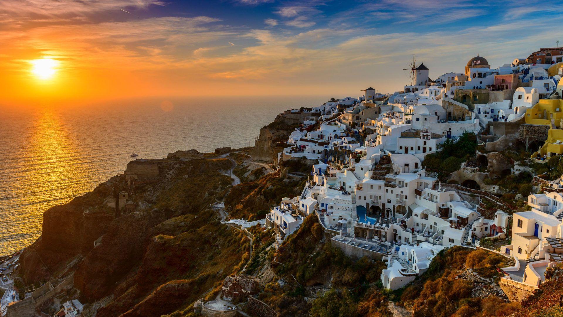 1920x1080 Santorini Island In Greece Aegean Sea Sunset Desktop Wallpaper HD For Mobile Phones And Laptops 5200x3250 :