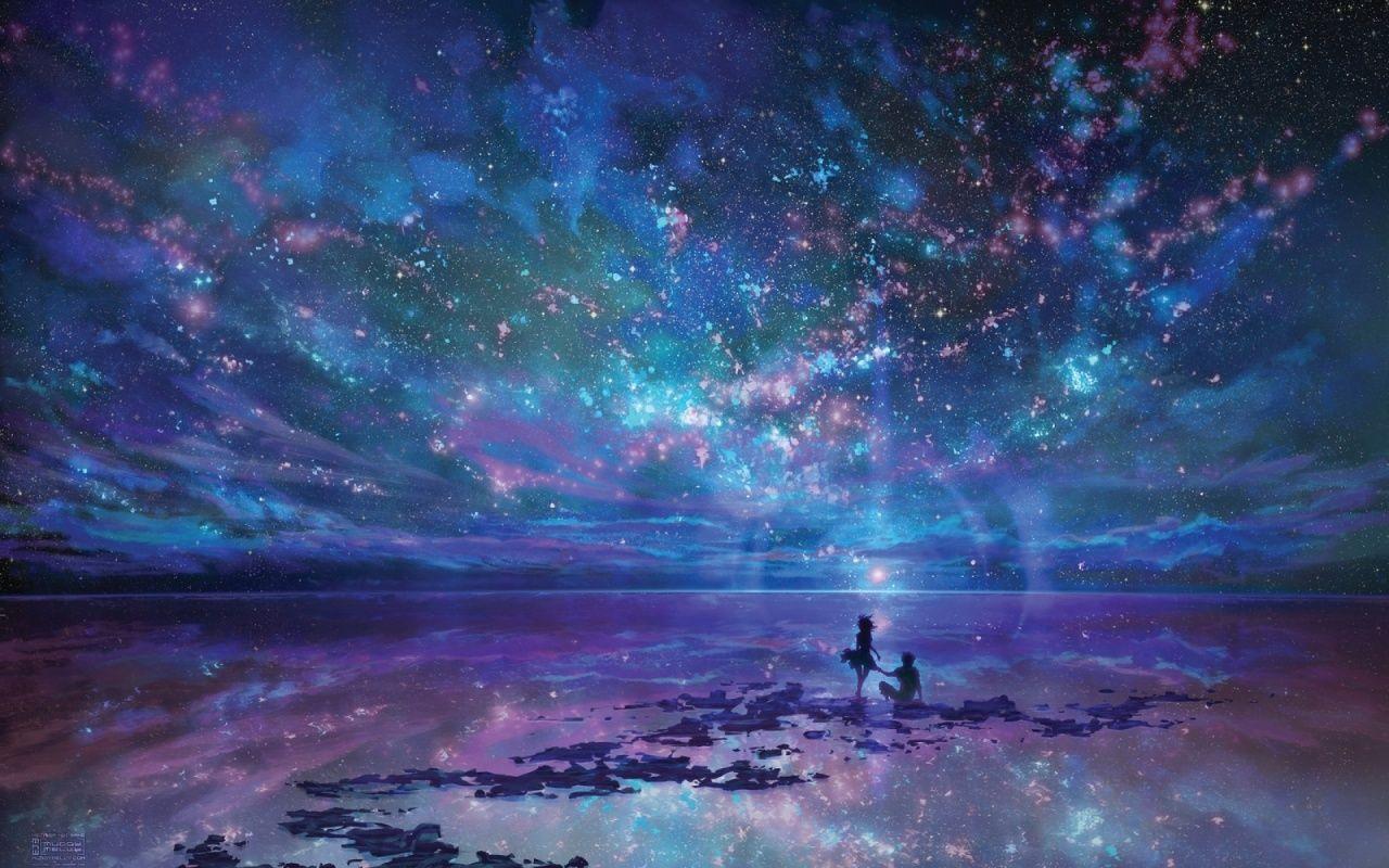 1280x800 Night Stars Ocean & Couple desktop PC and Mac wallpaper