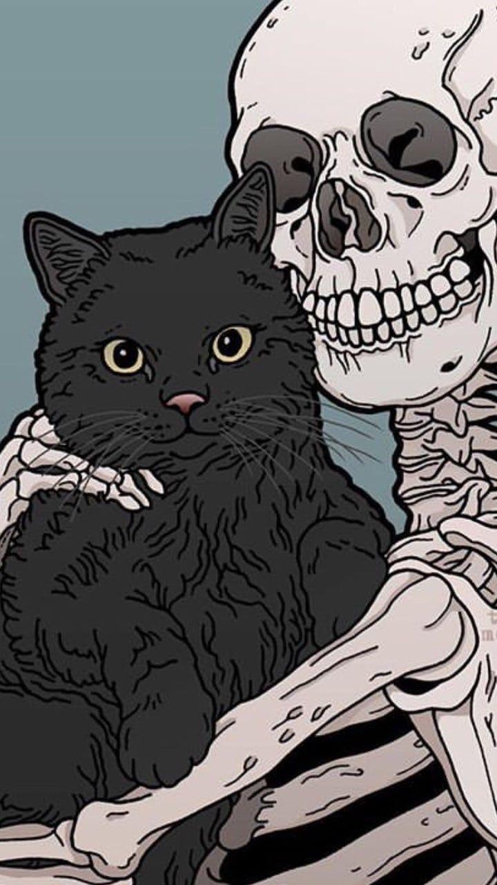 720x1280 Kitty and Skeleton cats pets cute. Skull wallpaper, Witchy wallpaper, Halloween wallpaper iphone