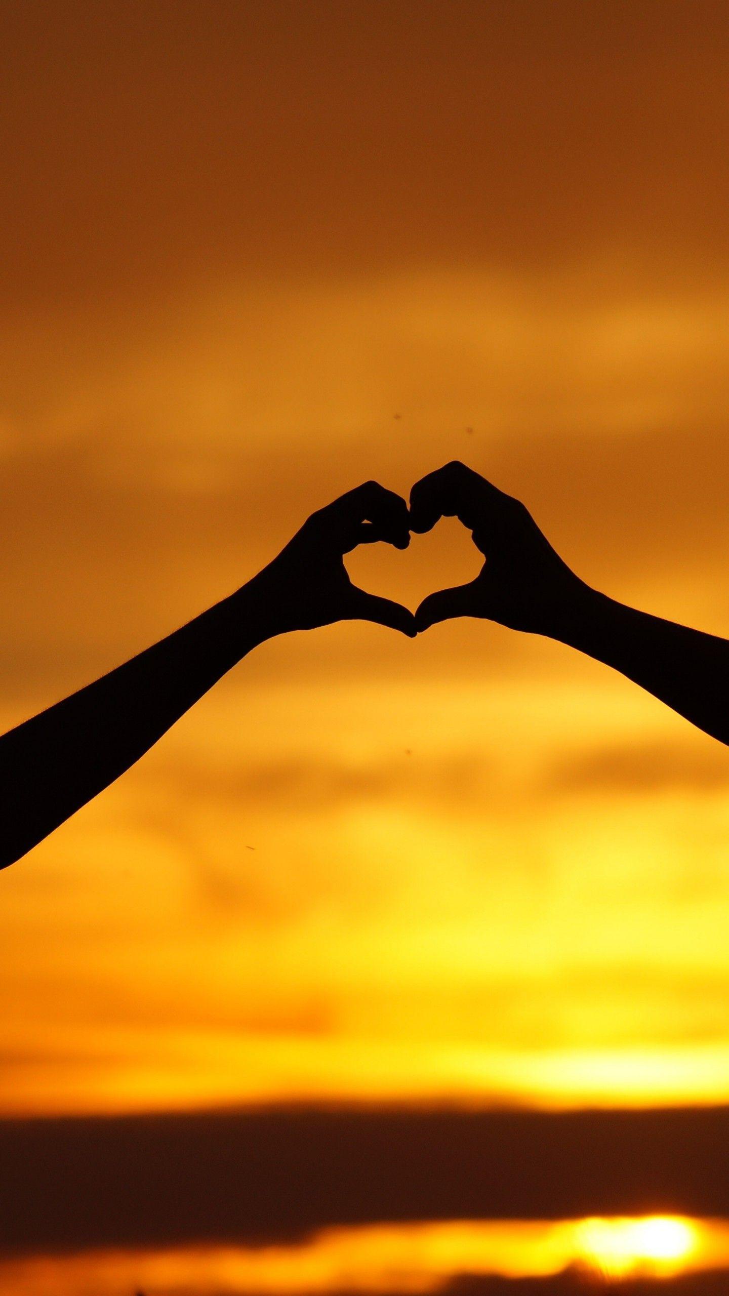 1440x2560 Love heart 4K Wallpaper, Hands together, Silhouette, Lovers, Couple, Sunset, 5K, Love