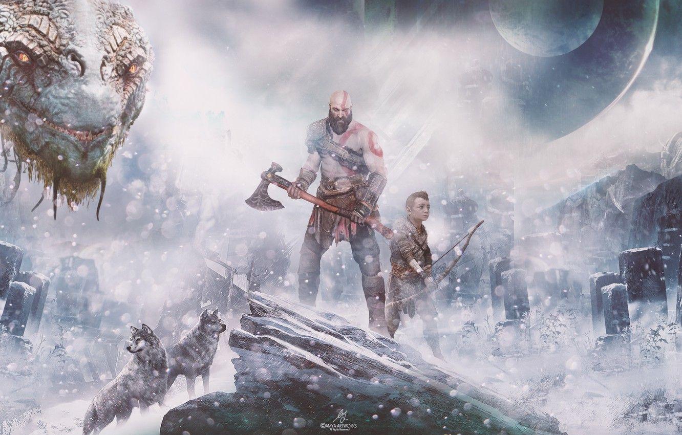 1332x850 Wallpaper Wars, Action, Red, Fantasy, Wolves, Dragon, Blizzard, Sony, Gods, Winter, Kratos, Playstation, God of War, Snow, Tatoo, War image for desktop, section игры